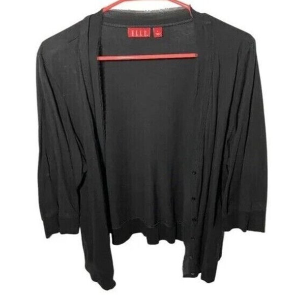 Elle Black Lightweight Button-Up Cardigan W/ Chiffon Trim 3/4 Sleeves Womens Siz - Picture 1 of 12